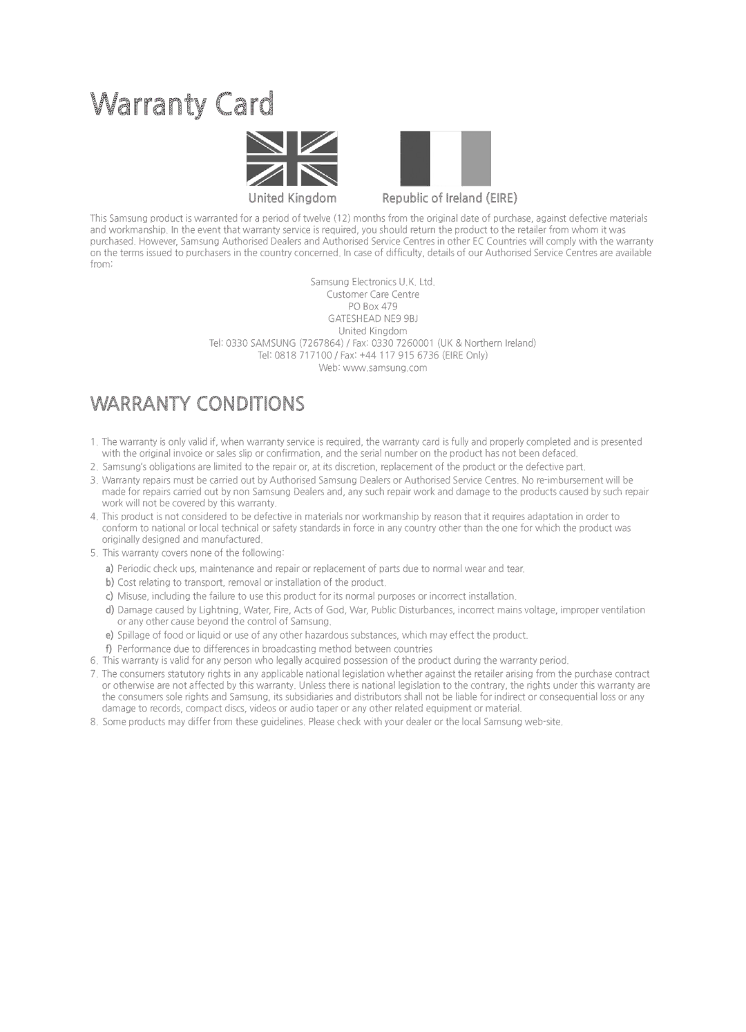 Samsung UE50J6100AKXXC, UE50J6100AKXZT, UE50J6100AKXXU, UE60J6100AKXXU, UE55J6100AKXXU manual Warranty Card, United Kingdom 