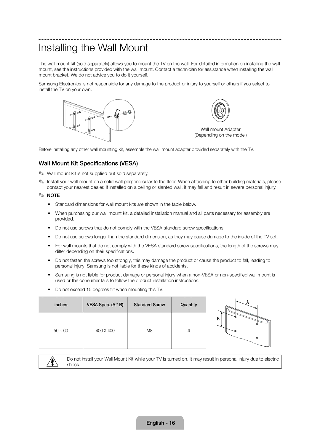 Samsung UE50J6100AKXZT manual Installing the Wall Mount, Wall Mount Kit Specifications Vesa 