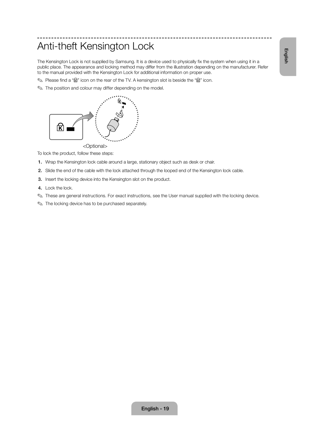 Samsung UE50J6100AKXZT manual Anti-theft Kensington Lock, Optional 