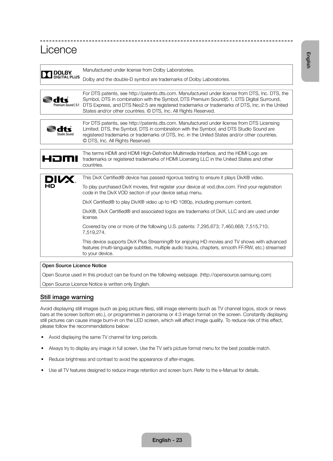 Samsung UE50J6100AKXZT manual Licence, Still image warning 