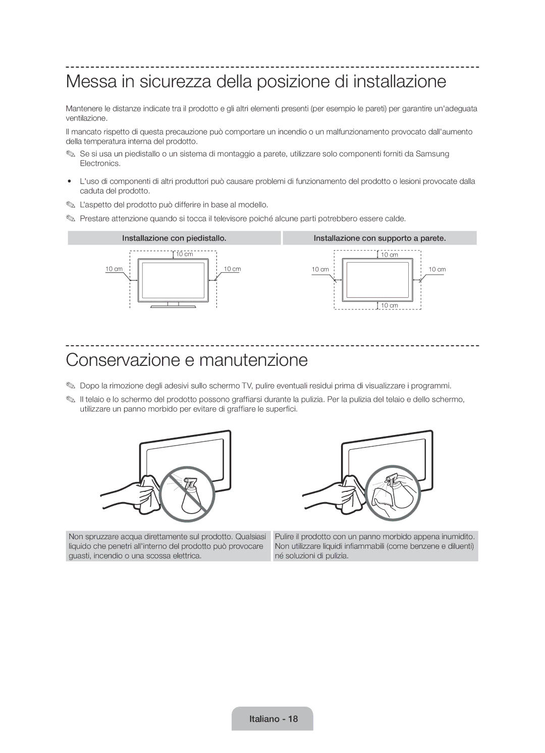 Samsung UE50J6100AKXZT manual Messa in sicurezza della posizione di installazione, Conservazione e manutenzione 