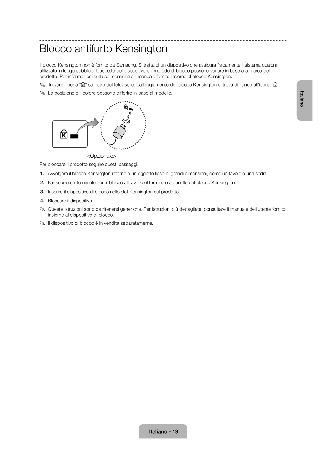 Samsung UE50J6100AKXZT manual Blocco antifurto Kensington, Opzionale 