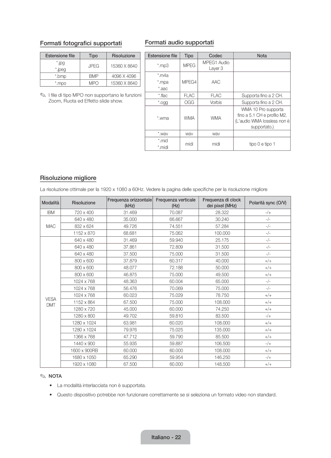 Samsung UE50J6100AKXZT manual Formati fotografici supportati Formati audio supportati, Risoluzione migliore 