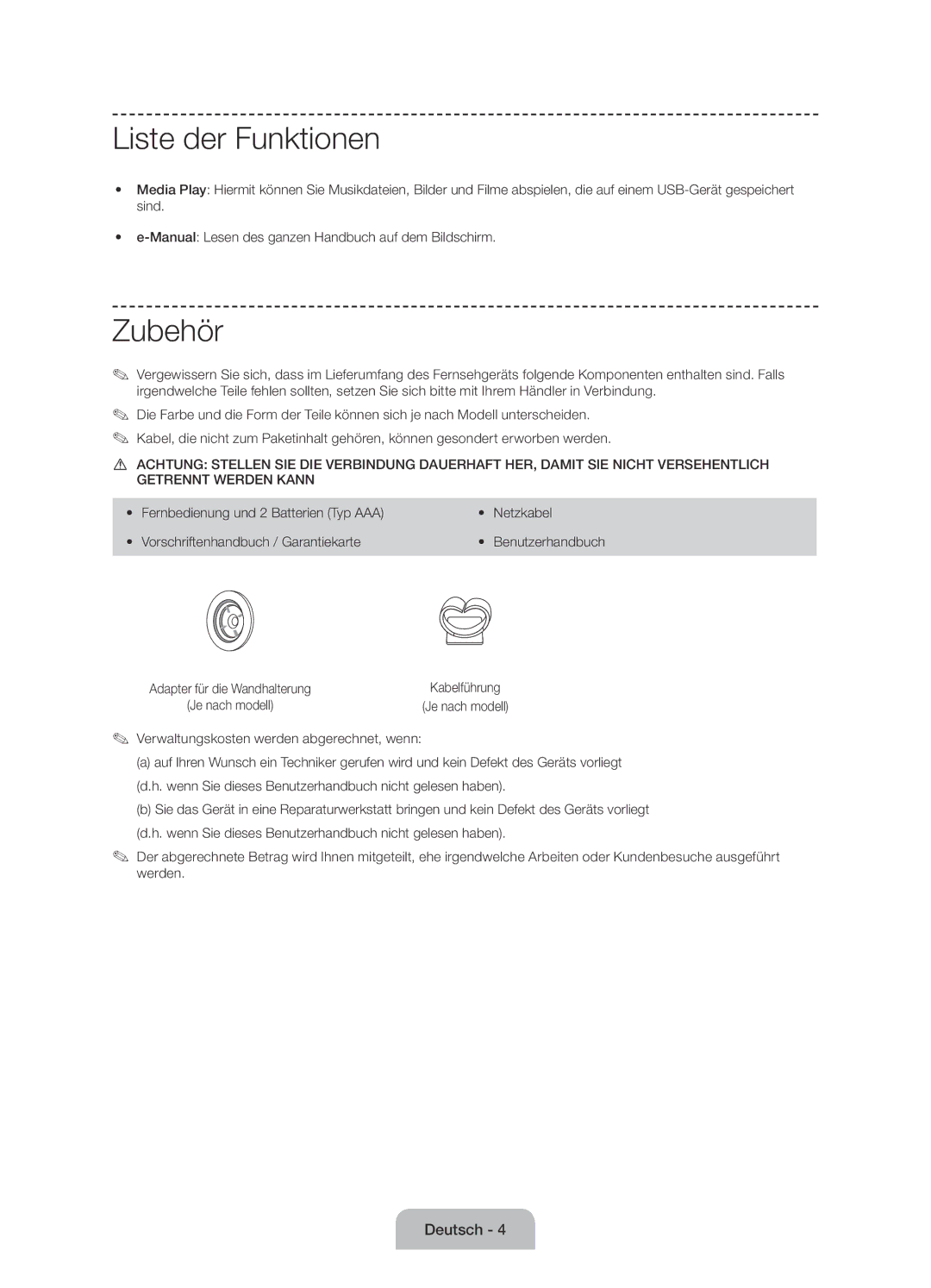 Samsung UE50J6100AKXZT manual Liste der Funktionen, Zubehör 