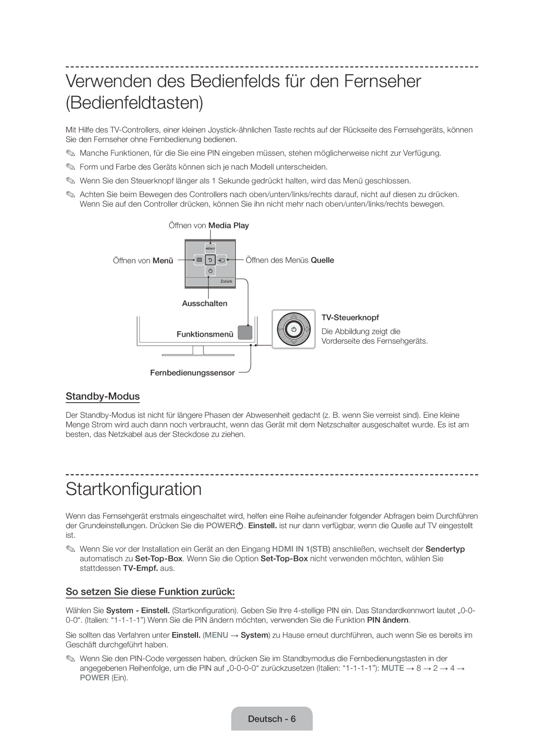 Samsung UE50J6100AKXZT manual Startkonfiguration, Standby-Modus, So setzen Sie diese Funktion zurück, Fernbedienungssensor 