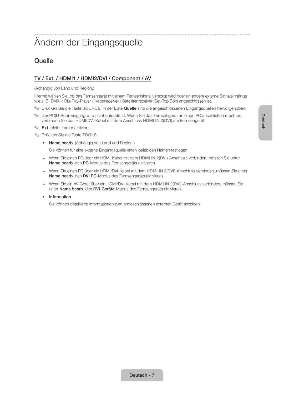 Samsung UE50J6100AKXZT manual Ändern der Eingangsquelle, Abhängig von Land und Region 