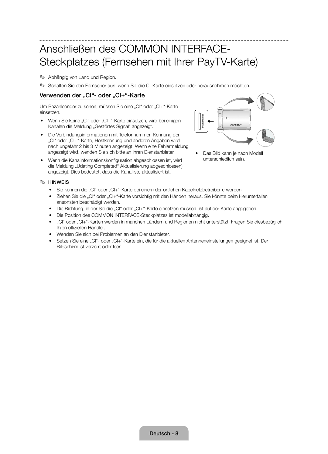 Samsung UE50J6100AKXZT manual Verwenden der „CI- oder „CI+-Karte, Hinweis 