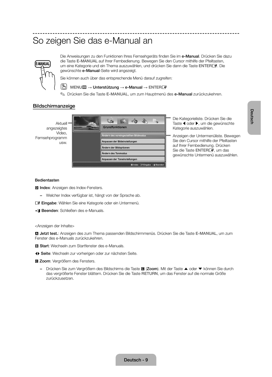 Samsung UE50J6100AKXZT So zeigen Sie das e-Manual an, Bildschirmanzeige, Aktuell angezeigtes Video, Fernsehprogramm usw 