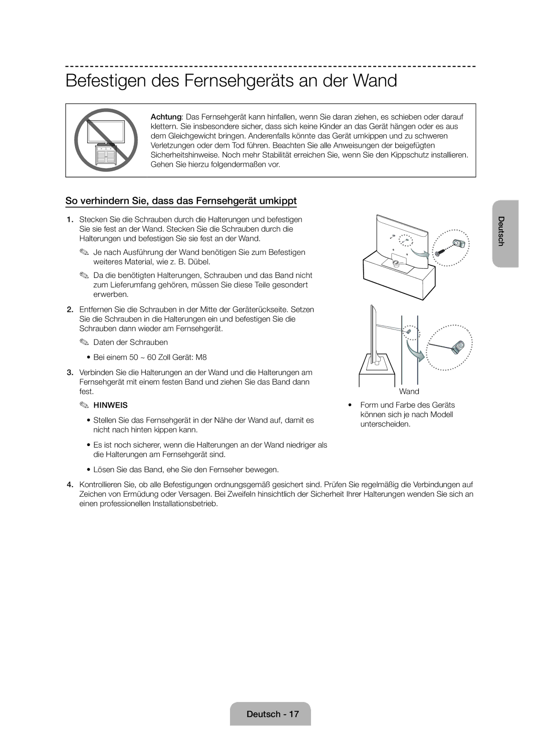 Samsung UE50J6100AKXZT manual Befestigen des Fernsehgeräts an der Wand, So verhindern Sie, dass das Fernsehgerät umkippt 