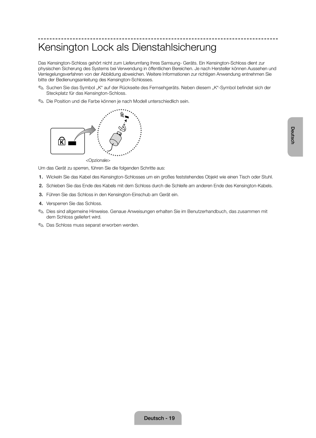 Samsung UE50J6100AKXZT manual Kensington Lock als Dienstahlsicherung 