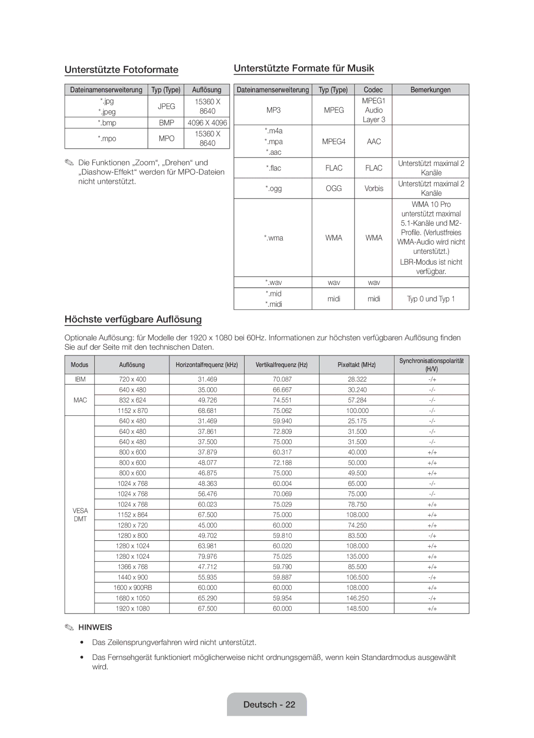 Samsung UE50J6100AKXZT manual Unterstützte Fotoformate Unterstützte Formate für Musik, Höchste verfügbare Auflösung 