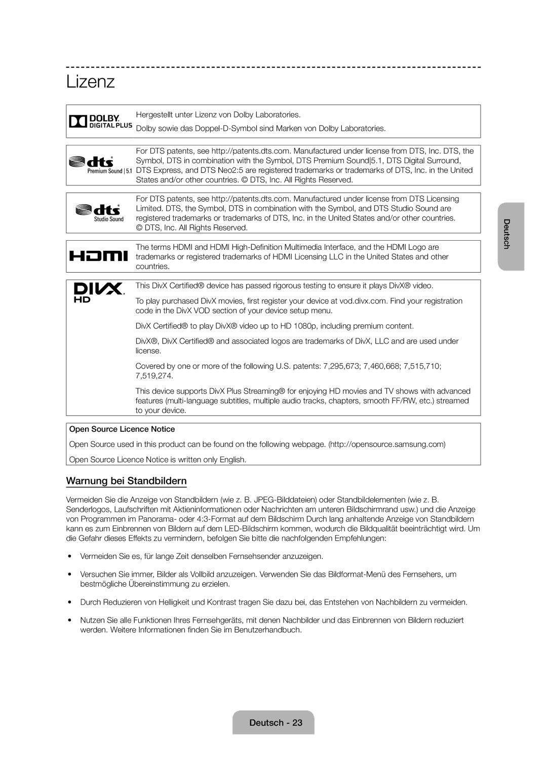 Samsung UE50J6100AKXZT manual Lizenz, Warnung bei Standbildern 