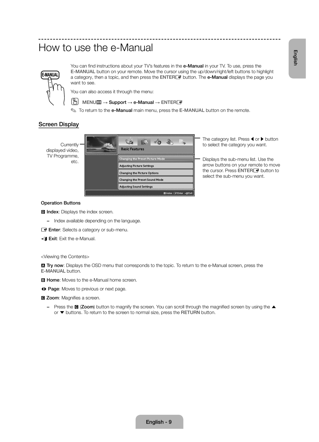 Samsung UE50J6100AKXZT manual How to use the e-Manual, Screen Display, English Currently, TV Programme, Etc 