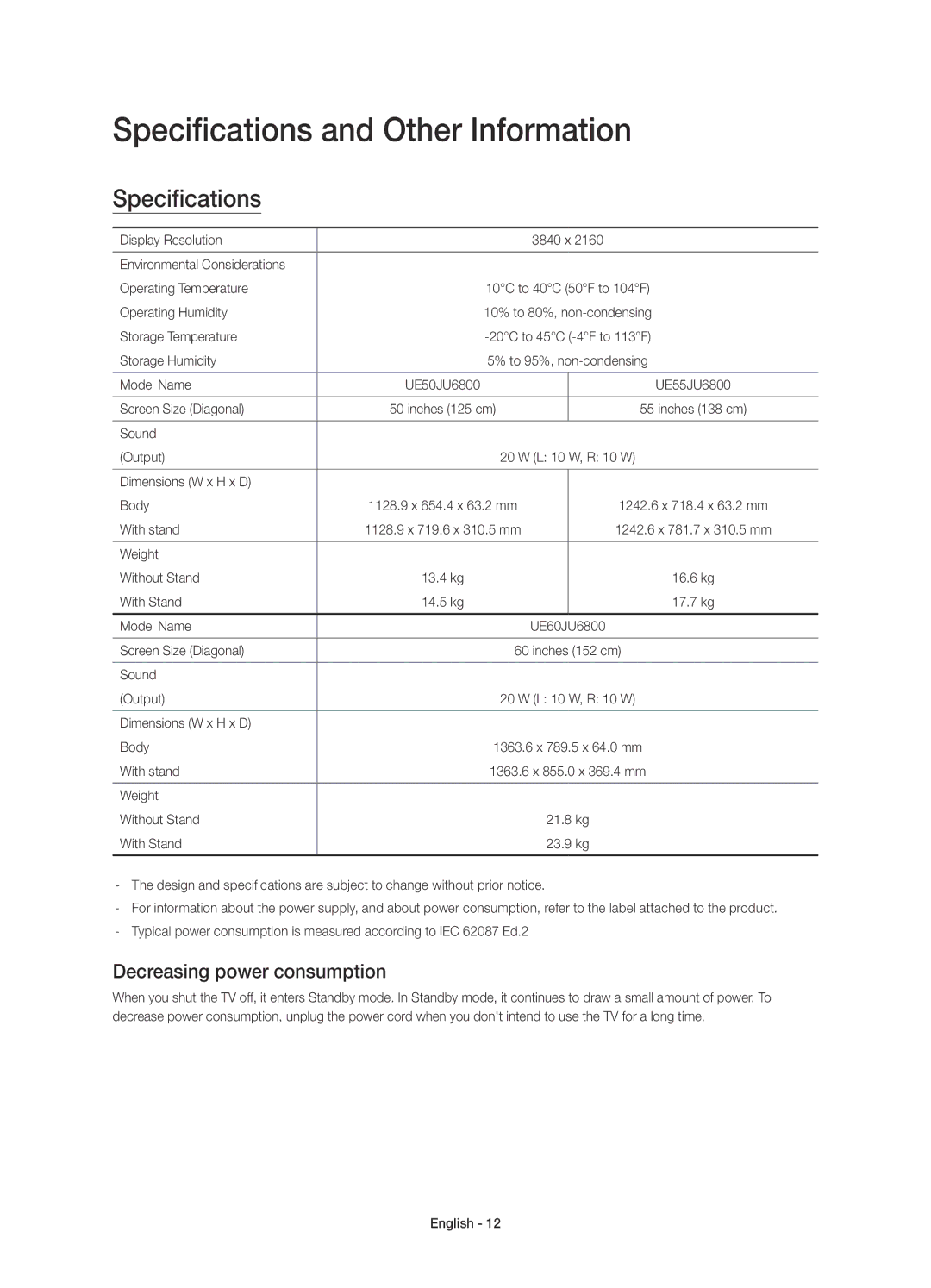 Samsung UE50JU6800KXXC, UE55JU6800KXXC manual Specifications and Other Information, Decreasing power consumption 