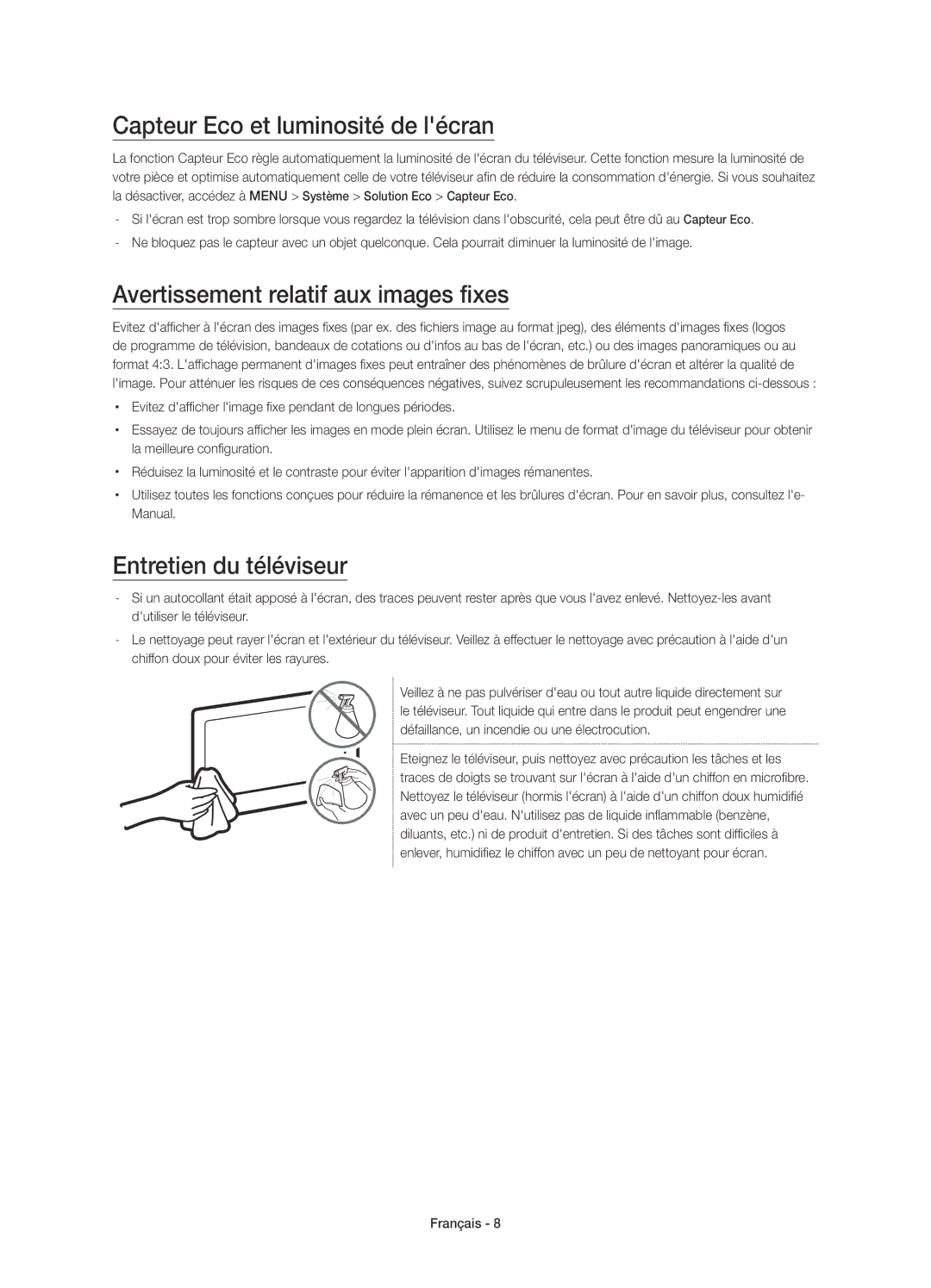 Samsung UE50JU6800KXXC, UE55JU6800KXXC manual Capteur Eco et luminosité de lécran, Avertissement relatif aux images fixes 