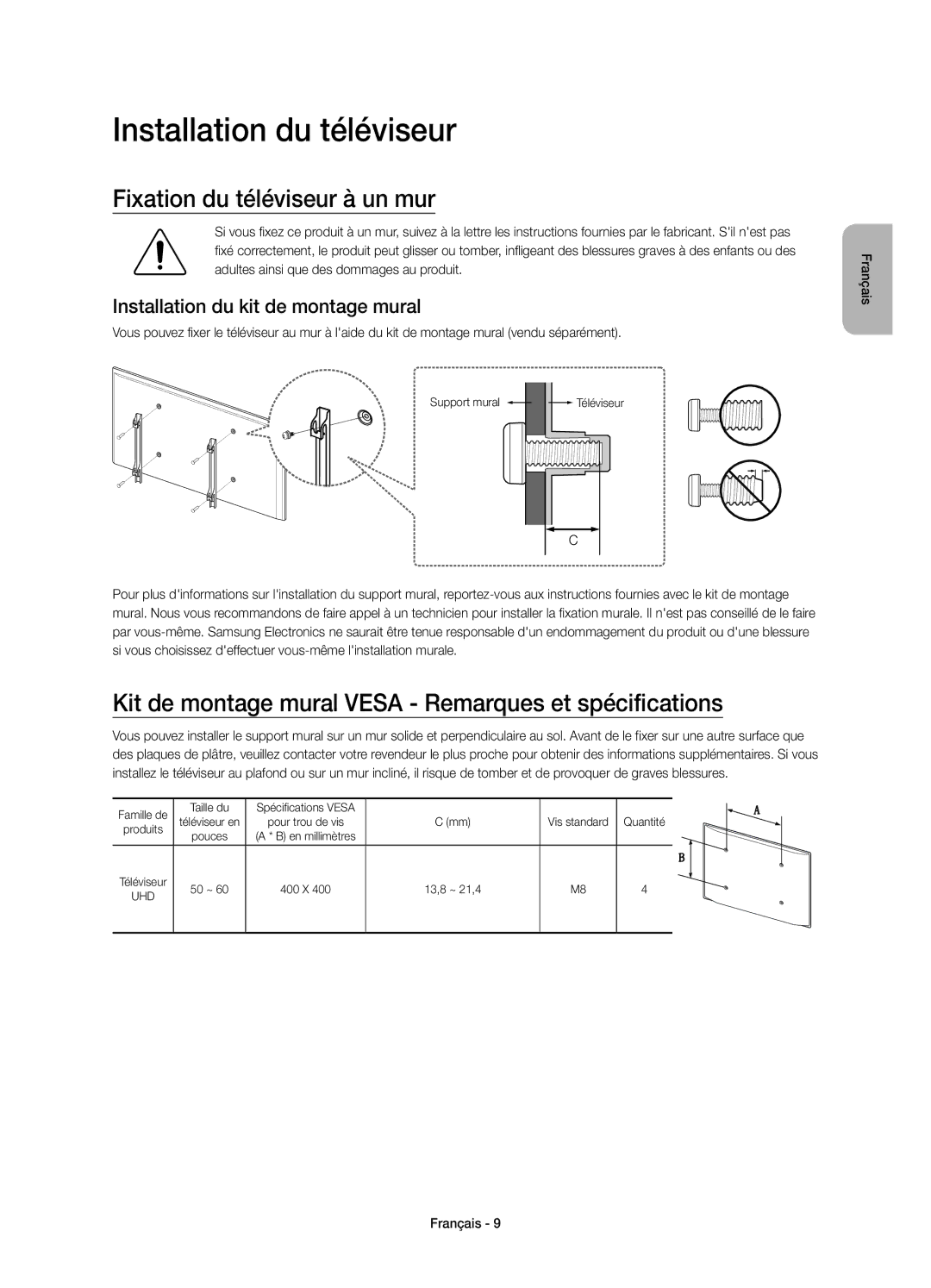 Samsung UE55JU6800KXXC Installation du téléviseur, Fixation du téléviseur à un mur, Installation du kit de montage mural 