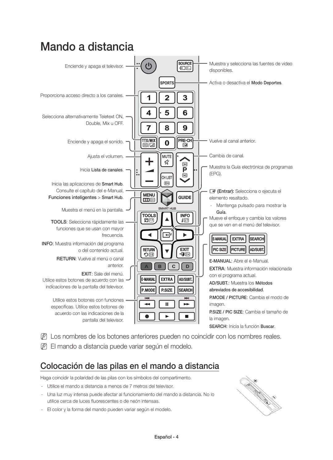 Samsung UE50JU6800KXXC Mando a distancia, Colocación de las pilas en el mando a distancia, Enciende y apaga el televisor 