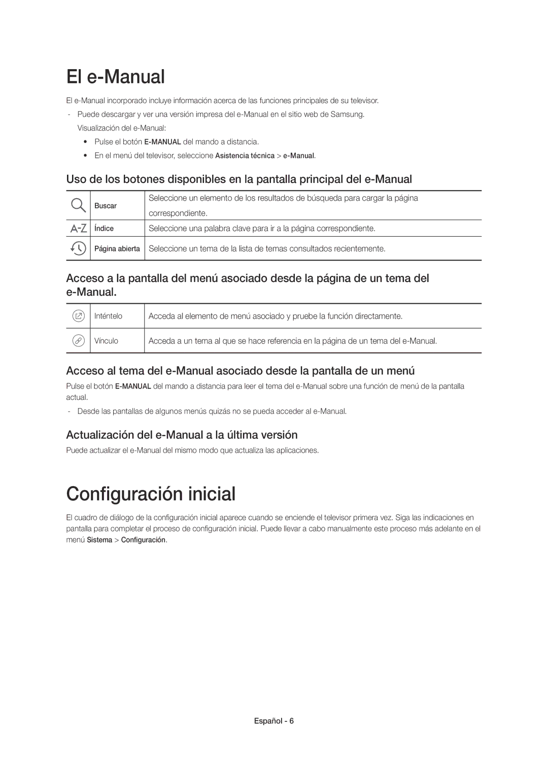 Samsung UE50JU6800KXXC El e-Manual, Configuración inicial, Actualización del e-Manual a la última versión, Correspondiente 