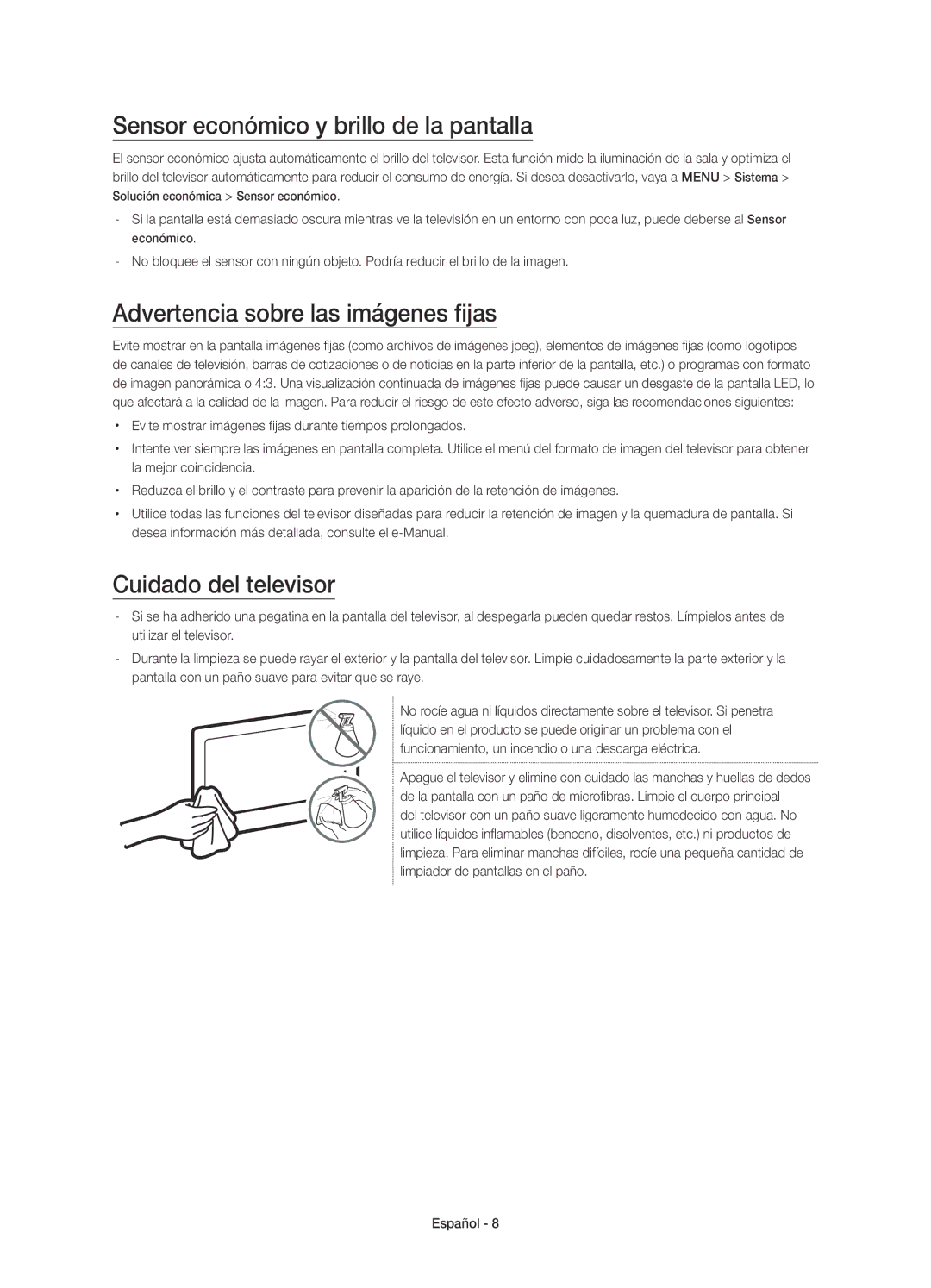 Samsung UE50JU6800KXXC, UE55JU6800KXXC manual Sensor económico y brillo de la pantalla, Advertencia sobre las imágenes fijas 