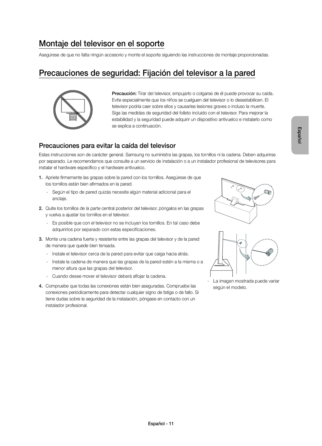 Samsung UE55JU6800KXXC Montaje del televisor en el soporte, Precauciones de seguridad Fijación del televisor a la pared 