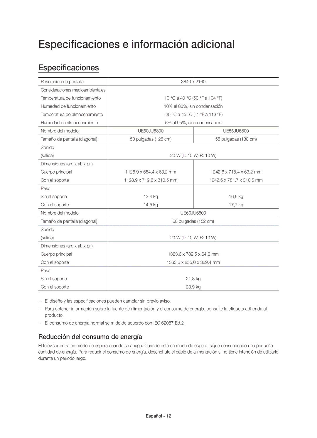 Samsung UE50JU6800KXXC, UE55JU6800KXXC manual Especificaciones e información adicional, Reducción del consumo de energía 