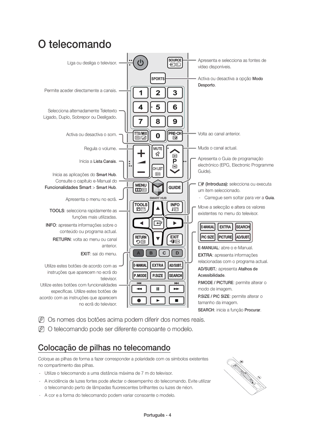 Samsung UE50JU6800KXXC, UE55JU6800KXXC manual Telecomando, Colocação de pilhas no telecomando, Liga ou desliga o televisor 