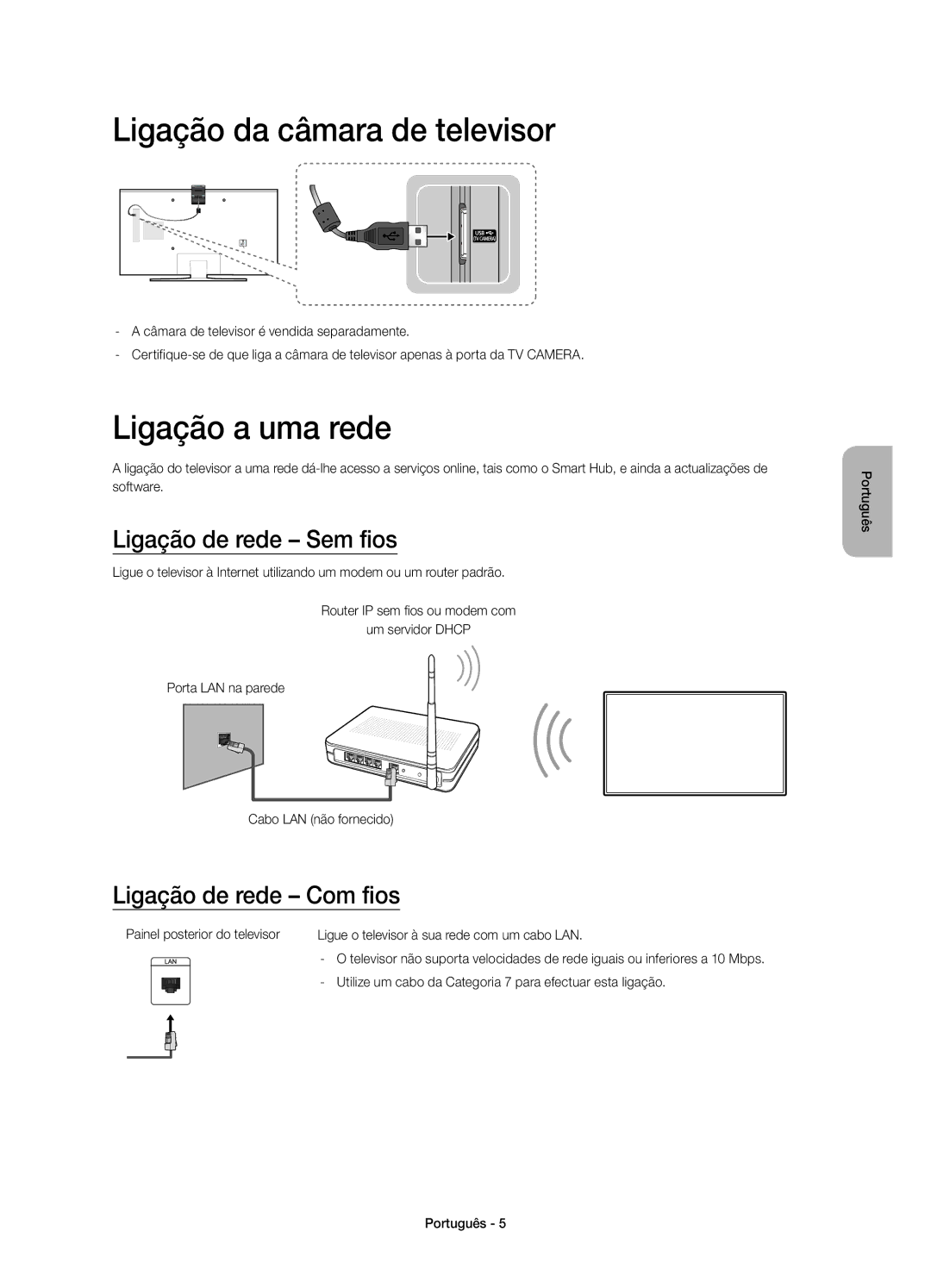 Samsung UE55JU6800KXXC, UE50JU6800KXXC manual Ligação da câmara de televisor, Ligação a uma rede, Ligação de rede Sem fios 