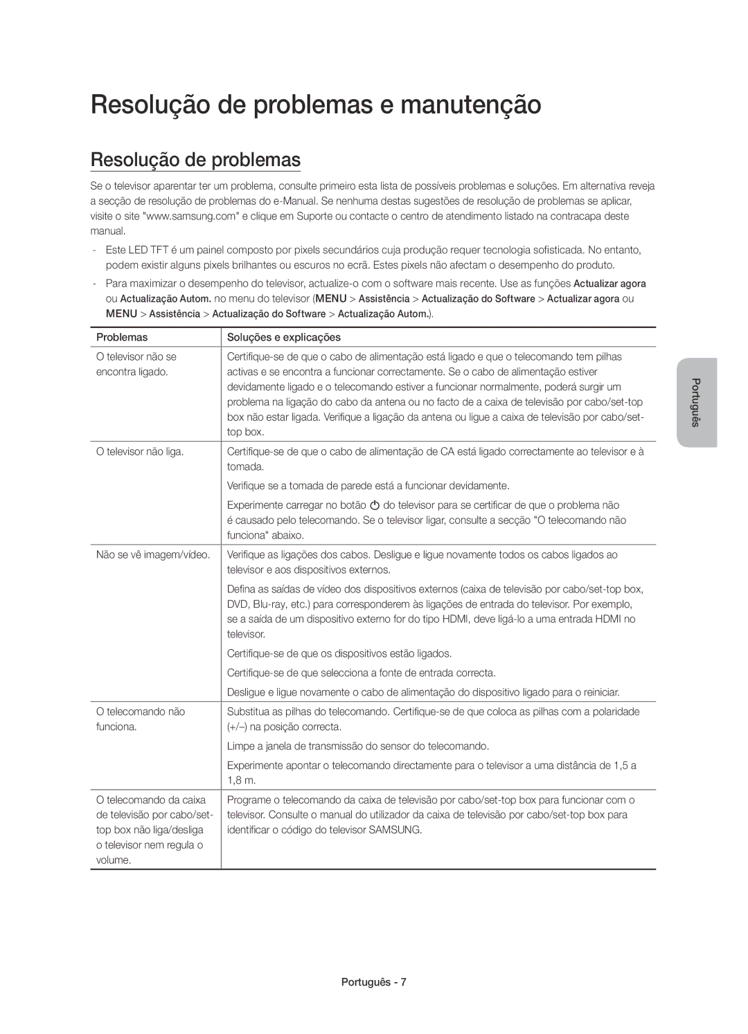 Samsung UE55JU6800KXXC, UE50JU6800KXXC manual Resolução de problemas e manutenção 