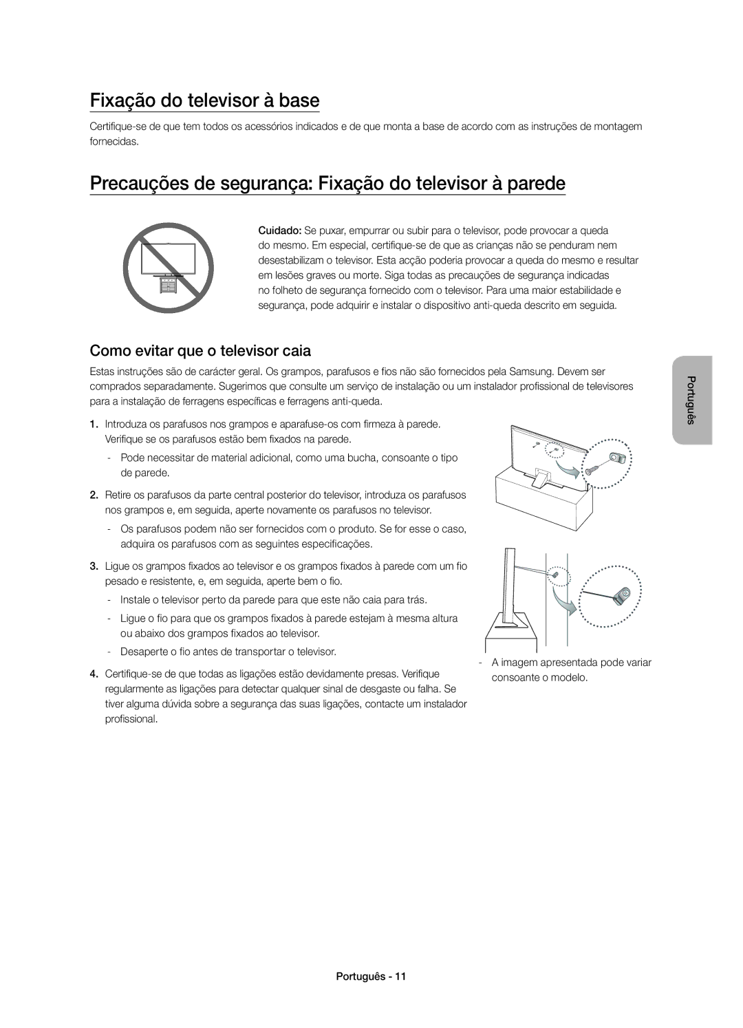 Samsung UE55JU6800KXXC Fixação do televisor à base, Precauções de segurança Fixação do televisor à parede, Profissional 