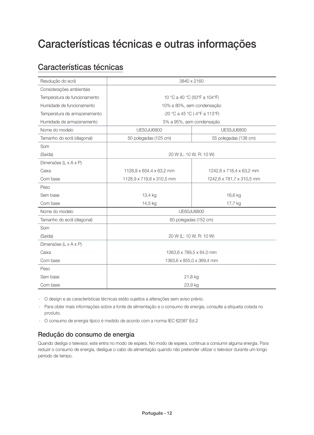 Samsung UE50JU6800KXXC, UE55JU6800KXXC manual Características técnicas e outras informações, Redução do consumo de energia 