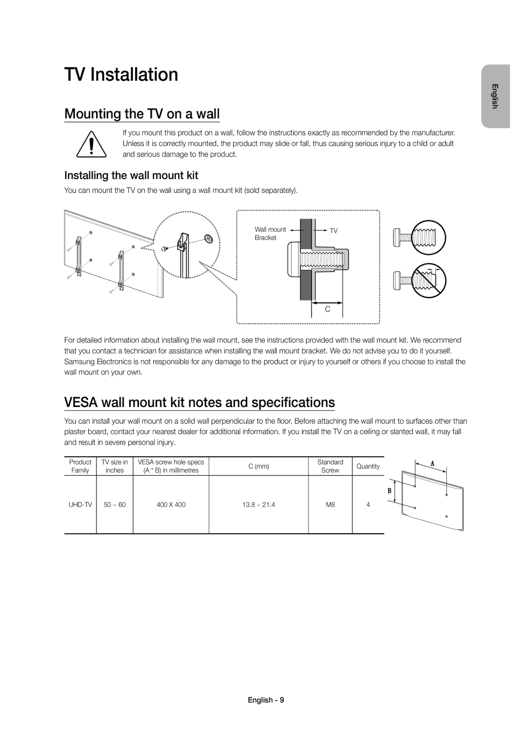 Samsung UE55JU6800KXXC manual TV Installation, Mounting the TV on a wall, Vesa wall mount kit notes and specifications 