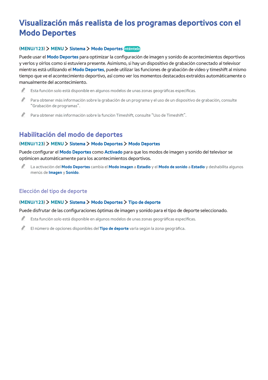 Samsung UE40S9AUXXC, UE50JU6800KXXC, UE75JU6470UXZG manual Habilitación del modo de deportes, Elección del tipo de deporte 