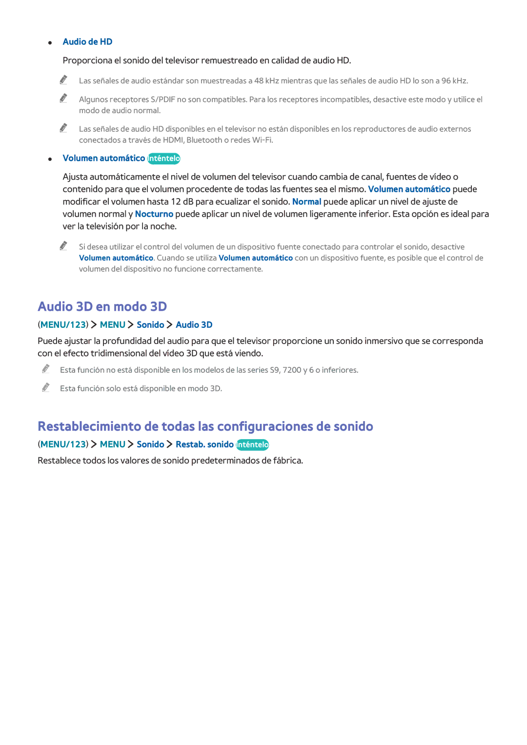 Samsung UE48JU6500KXXC, UE50JU6800KXXC manual Audio 3D en modo 3D, Restablecimiento de todas las configuraciones de sonido 