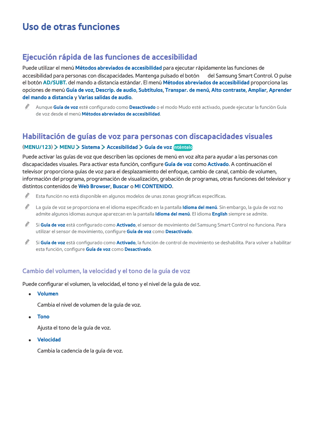 Samsung UE43JU6060KXXC manual Uso de otras funciones, Ejecución rápida de las funciones de accesibilidad, Tono, Velocidad 