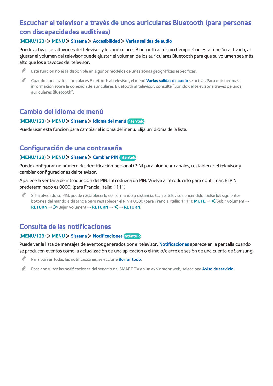 Samsung UE65JU6470UXZG manual Cambio del idioma de menú, Configuración de una contraseña, Consulta de las notificaciones 