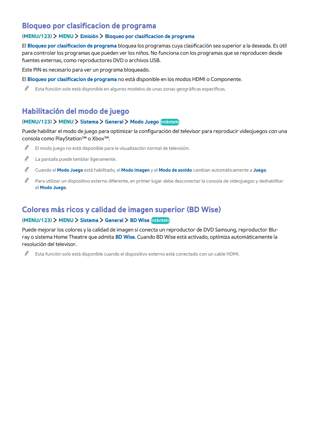 Samsung UE55JU6000KXXC, UE50JU6800KXXC, UE40S9AUXXC Bloqueo por clasificacion de programa, Habilitación del modo de juego 