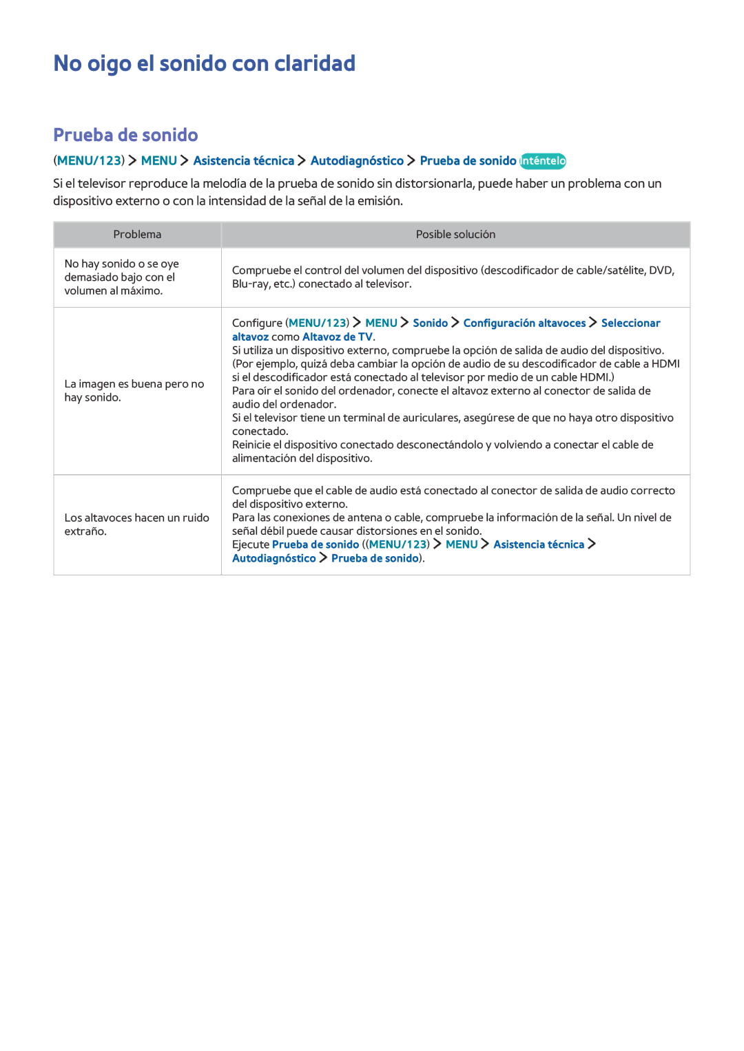 Samsung UE55JU6470UXXC No oigo el sonido con claridad, Prueba de sonido, Menu Sonido Configuración altavoces Seleccionar 