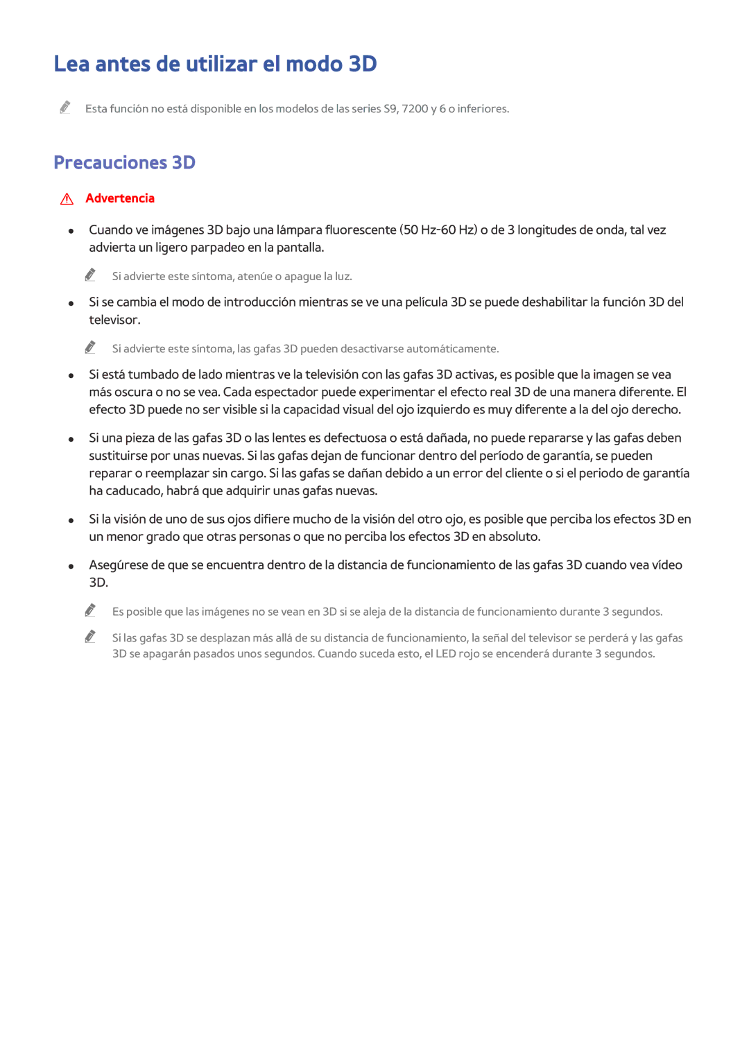 Samsung UE40S9AUXXC, UE50JU6800KXXC, UE75JU6470UXZG, UE65JS8500LXXH manual Lea antes de utilizar el modo 3D, Precauciones 3D 