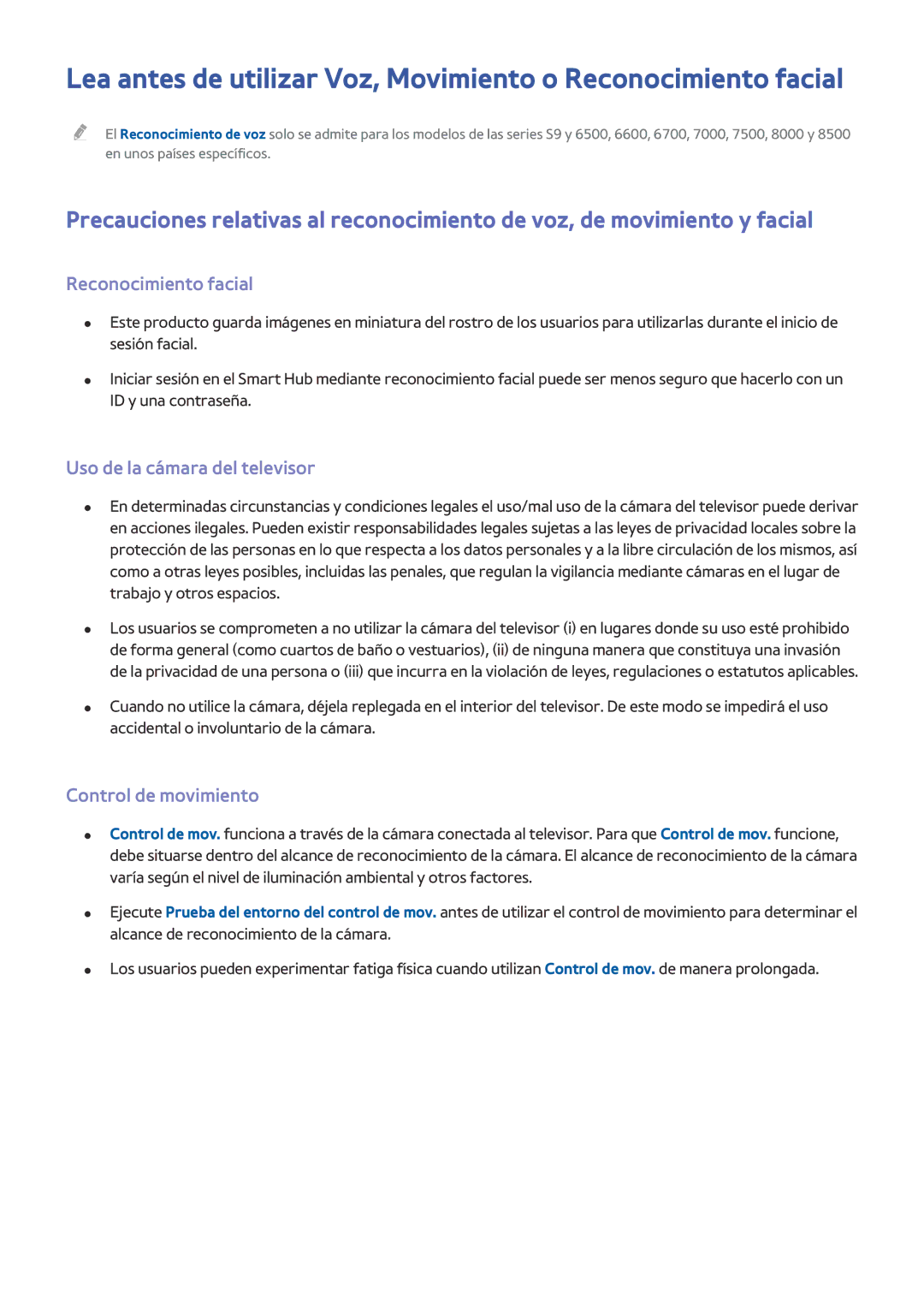 Samsung UE40JU6400KXXC, UE50JU6800KXXC manual Reconocimiento facial, Uso de la cámara del televisor, Control de movimiento 