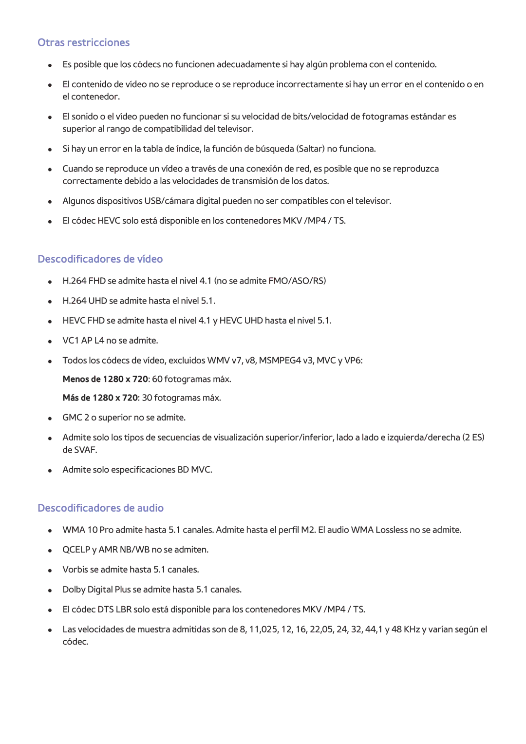 Samsung UE48JU6510UXXC, UE50JU6800KXXC manual Otras restricciones, Descodificadores de vídeo, Descodificadores de audio 