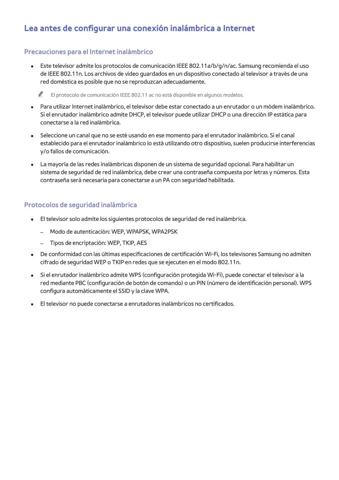 Samsung UE60JU6400KXXC Lea antes de configurar una conexión inalámbrica a Internet, Protocolos de seguridad inalámbrica 