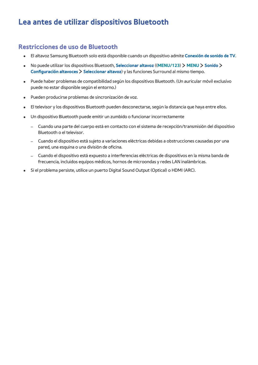 Samsung UE78JU7500TXXC, UE50JU6800KXXC Lea antes de utilizar dispositivos Bluetooth, Restricciones de uso de Bluetooth 