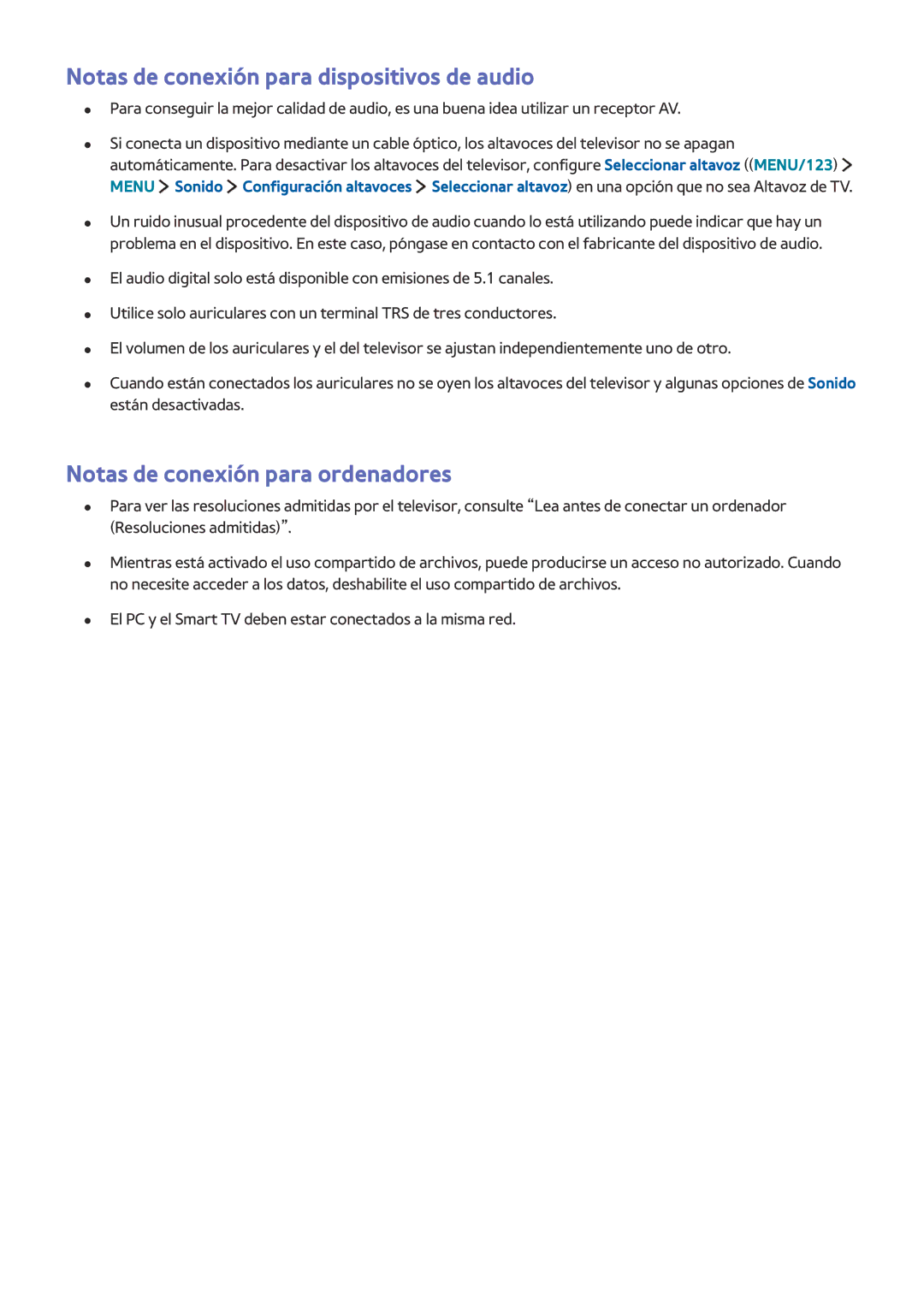 Samsung UE65JU7500TXXC, UE50JU6800KXXC Notas de conexión para dispositivos de audio, Notas de conexión para ordenadores 