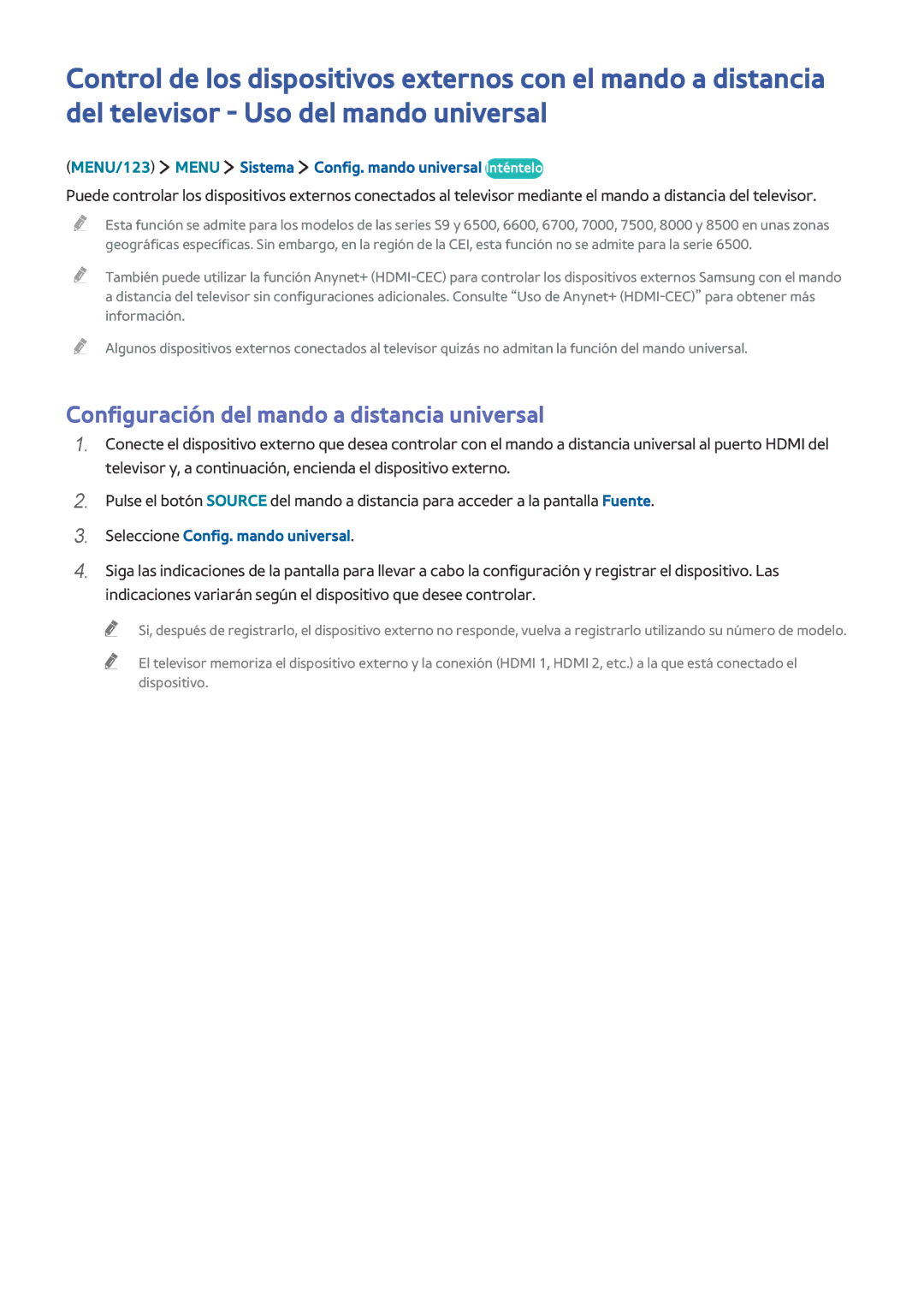 Samsung UE55JU7500TXXC, UE50JU6800KXXC Configuración del mando a distancia universal, Seleccione Config. mando universal 