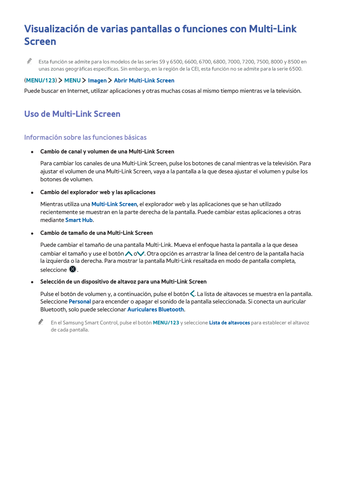 Samsung UE40JU7000TXXC, UE50JU6800KXXC, UE75JU6470UXZG Uso de Multi-Link Screen, Información sobre las funciones básicas 