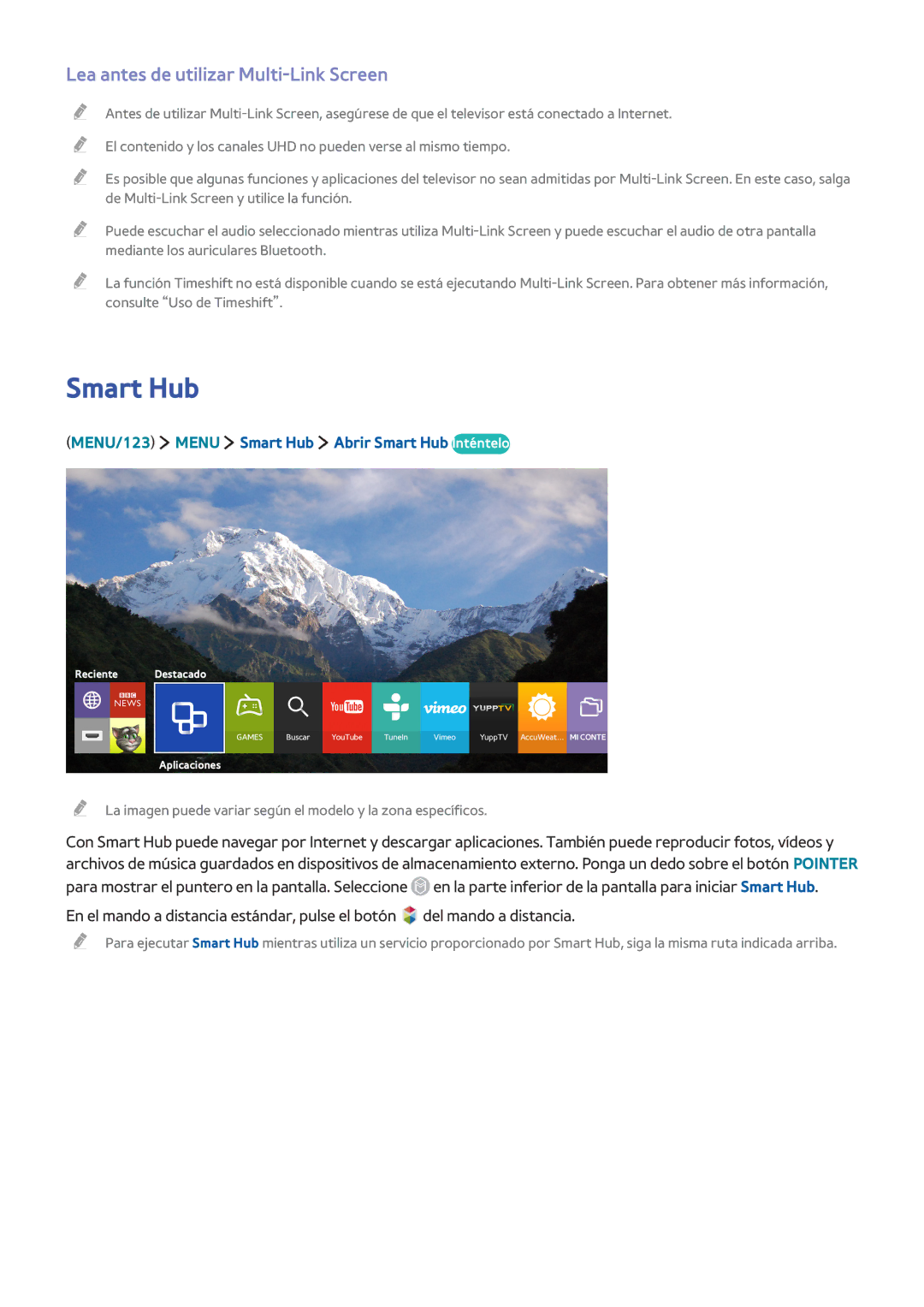 Samsung UE65JU6400KXXC, UE50JU6800KXXC, UE75JU6470UXZG, UE65JS8500LXXH Smart Hub, Lea antes de utilizar Multi-Link Screen 