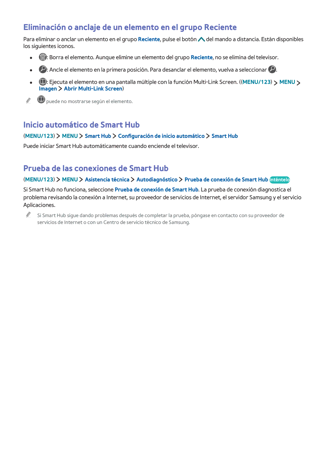 Samsung UE85JU7000TXXC manual Eliminación o anclaje de un elemento en el grupo Reciente, Inicio automático de Smart Hub 