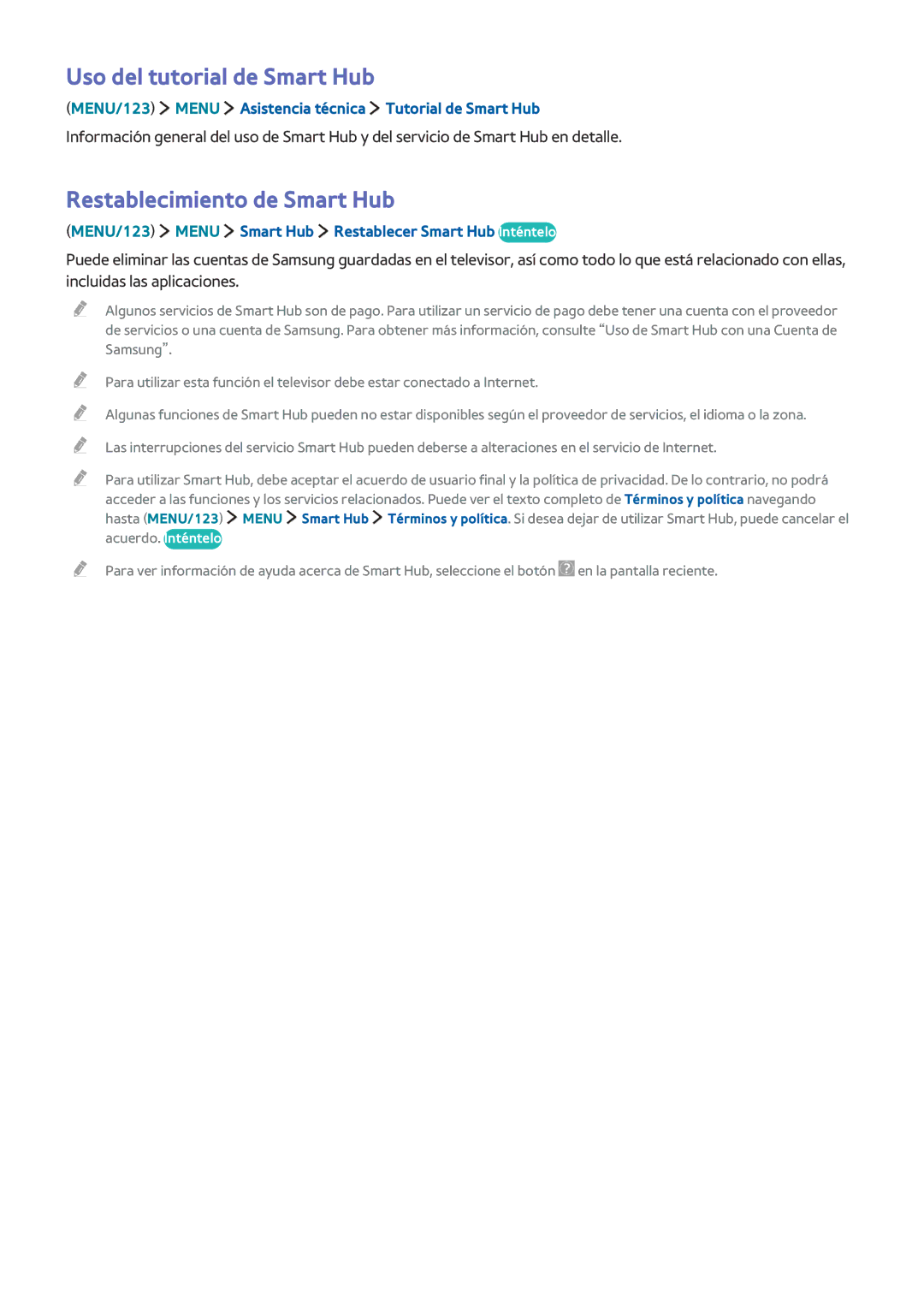 Samsung UE55JU6500KXXC, UE50JU6800KXXC, UE75JU6470UXZG manual Uso del tutorial de Smart Hub, Restablecimiento de Smart Hub 