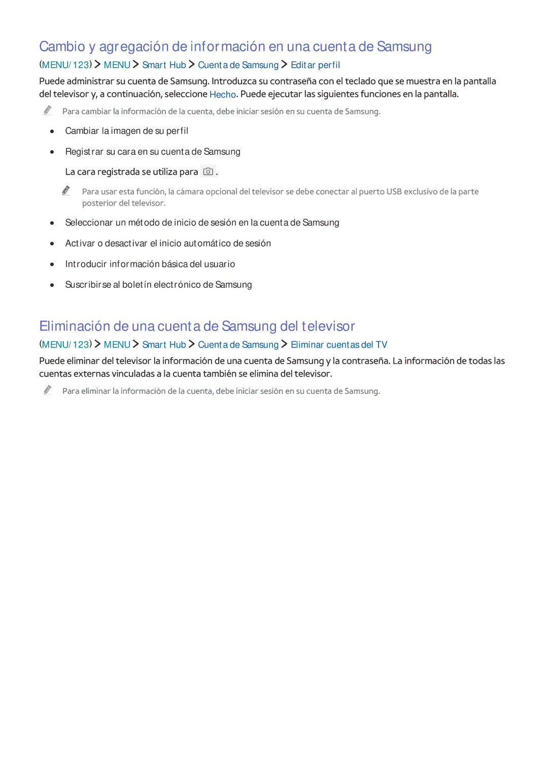 Samsung UE65JU6500KXXC Cambio y agregación de información en una cuenta de Samsung, La cara registrada se utiliza para 