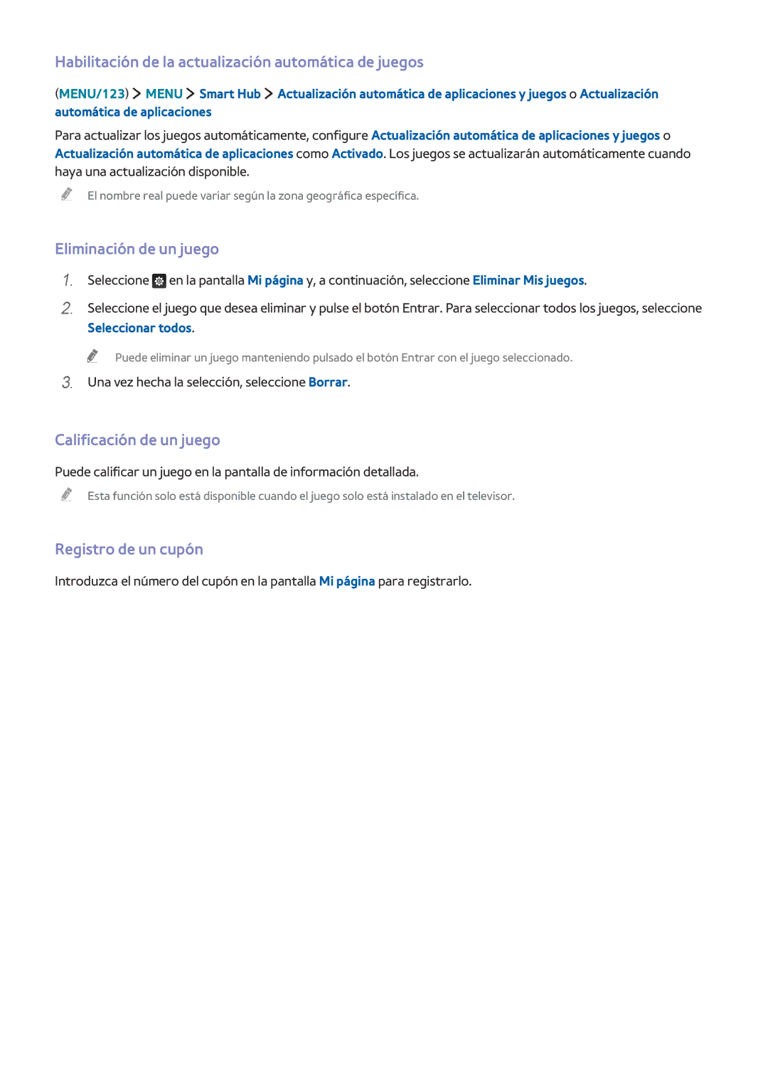 Samsung UE75JU6400KXXC, UE50JU6800KXXC manual Habilitación de la actualización automática de juegos, Eliminación de un juego 